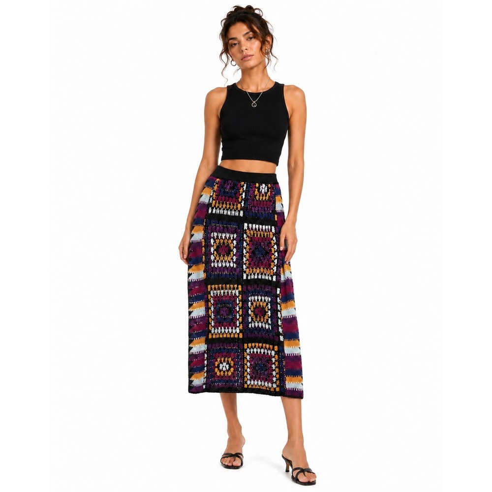 Cecilia Prado Knit Midi Skirt XS Multicolor Geometric Boho Artsy Made Brazil